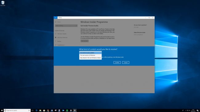 Страница настроек Windows Insider