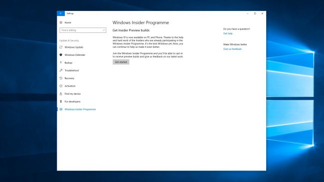 Страница настроек Windows Insider
