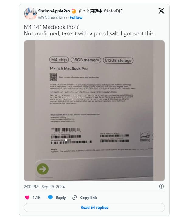 Пост в X с коробкой MacBook Pro M4