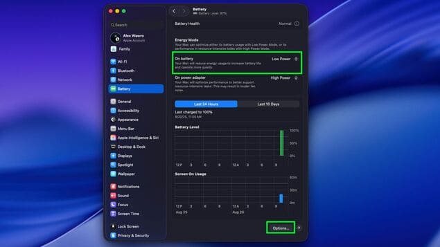 Настройки аккумулятора в MacBook