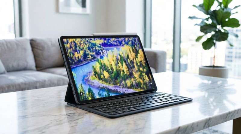 Huawei MatePad 11.5 S (2026) с клавиатурой на мраморном столе в интерьере