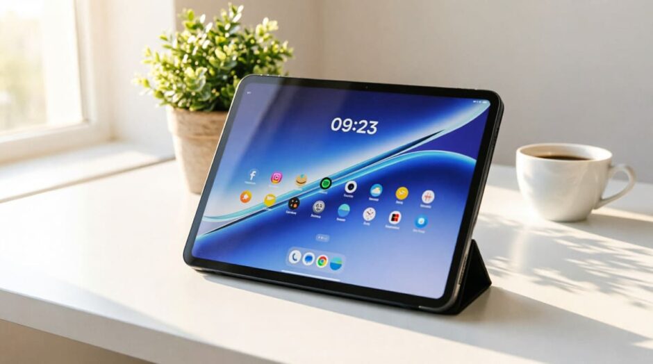 OnePlus Pad Go 2 на подставке на столе рядом с чашкой кофе