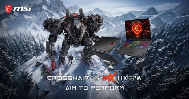 Игровой ноутбук MSI Crosshair 16 MAX HX E2W на фоне гор и робота