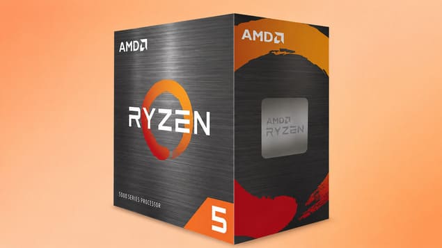 Коробка процессора AMD Ryzen 5 5600 для игр на пастельном оранжевом фоне