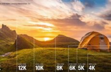 Сравнение разрешений 4K, 5K, 6K, 8K, 10K, 12K и 16K на фоне пейзажа с палаткой
