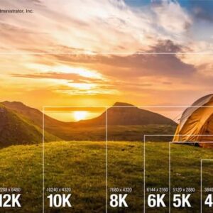 Сравнение разрешений 4K, 5K, 6K, 8K, 10K, 12K и 16K на фоне пейзажа с палаткой
