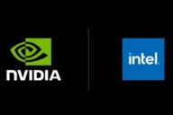 Логотипы Nvidia и Intel на чёрном фоне, иллюстрация партнёрства компаний по выпуску процессоров с графикой RTX