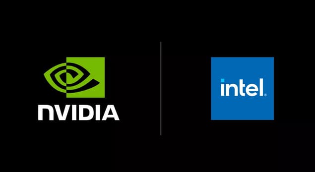 Логотипы Nvidia и Intel на чёрном фоне, иллюстрация партнёрства компаний по выпуску процессоров с графикой RTX