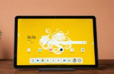 Планшет Lenovo ThinkTab X11 на столе с персиковой стеной и небольшим растением