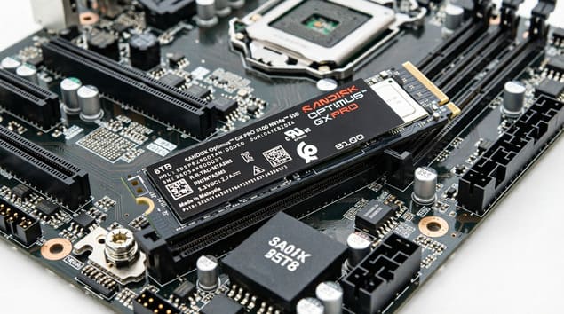 SanDisk Optimus GX Pro 8100 8TB лежит на материнской плате
