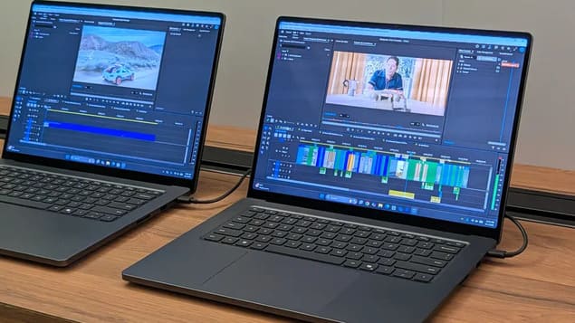 Два ноутбука Surface Laptop Ultra с Adobe Premiere Pro и монтажом видео