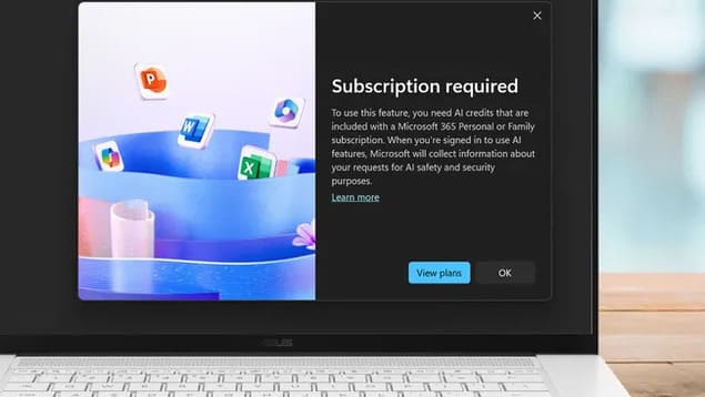 Окно "Требуется подписка" в Windows 11 для доступа к ИИ-функциям Copilot