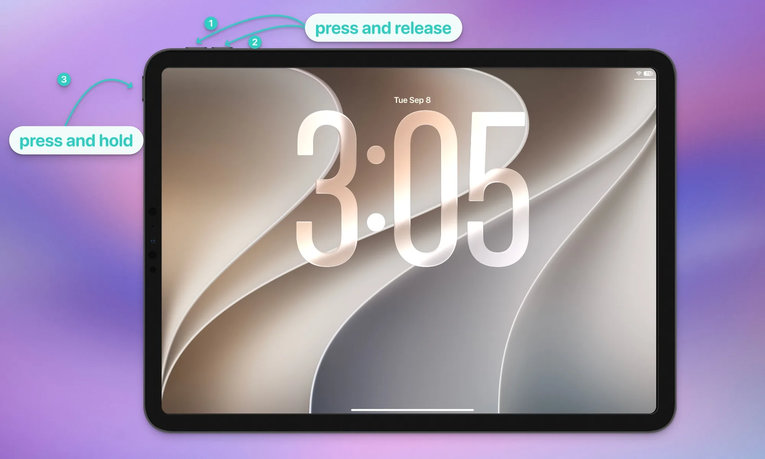 Схема принудительной перезагрузки iPad без кнопки «Домой»: нажать и отпустить кнопки громкости, удерживать верхнюю кнопку