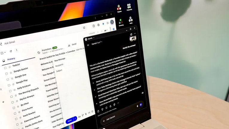 Панель ассистента Gemini рядом с окном Gmail на экране ноутбука Googlebook