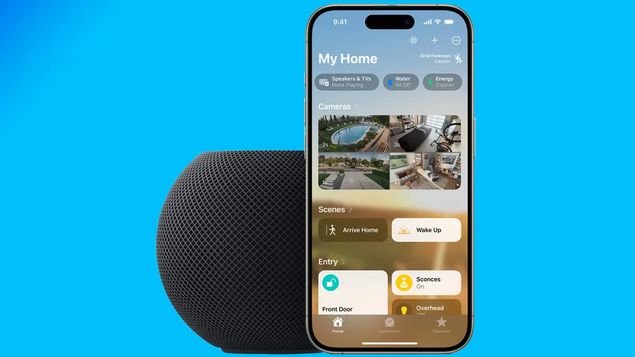 Apple HomePod и iPhone с приложением Дом на синем фоне