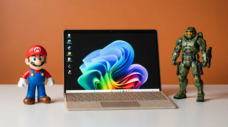 Microsoft Surface Pro 13" 12-го поколения с фигурками Марио и Мастера Чифа на оранжевом фоне