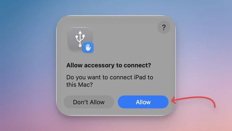 Окно Mac с запросом «Allow accessory to connect?» и стрелкой к кнопке Allow – разрешение на подключение iPad