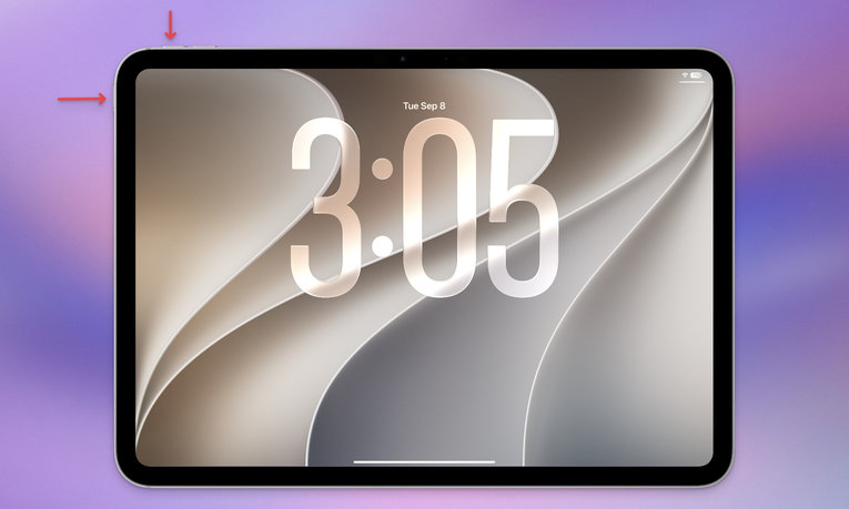 iPad на экране блокировки со стрелками к верхней кнопке и кнопке громкости – комбинация для мягкой перезагрузки