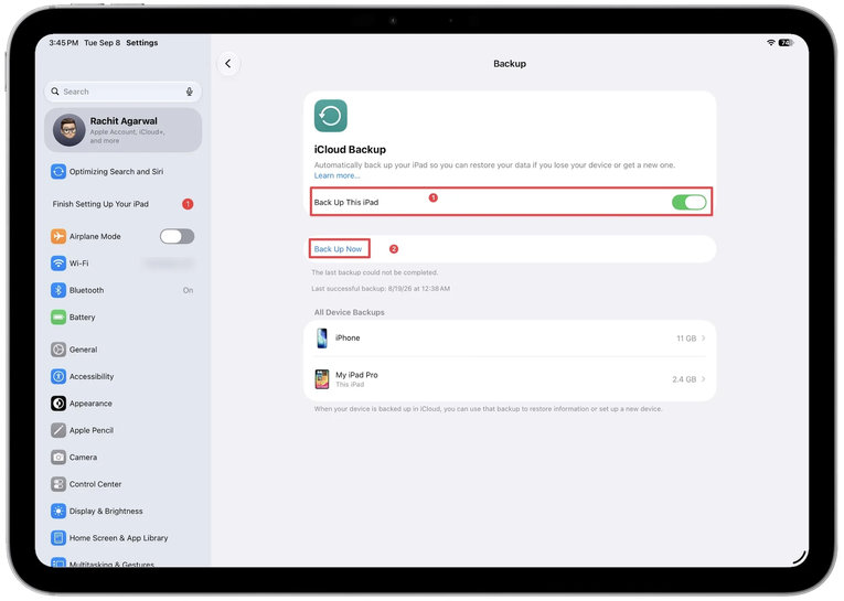 Страница Backup в настройках iPad: выделены переключатель Back Up This iPad и кнопка Back Up Now – резервная копия в iCloud